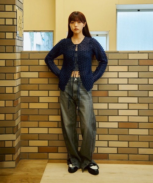 OPEN SESAME CLUB(オープンセサミクラブ)の「別注 durian sorbet 2way tops(カーディガン/ボレロ・レディース・ネイビー/ホワイト/ブラック・FREE)」の4枚目の写真