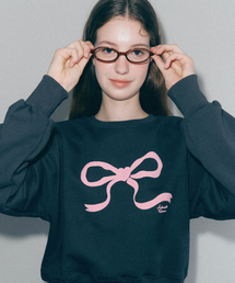 EMBO HEART RIBBON CROP SWEATSHIRTS CHARCOAL PINK