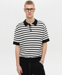 DNSR（ディーエヌエスアール）の「Striped Polo Half Knit White（ポロシャツ・メンズ）」