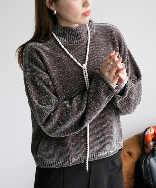 cepo（セポ）の「ベロアモールモックネックニットプルオーバー（ニット/セーター・レディース・チャコール/オフホワイト/イエロー/ミント/ネイビー・M）」の3枚目の写真