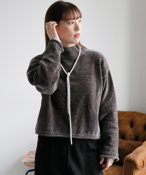 cepo（セポ）の「ベロアモールモックネックニットプルオーバー（ニット/セーター・レディース・チャコール/オフホワイト/イエロー/ミント/ネイビー・M）」の15枚目の写真