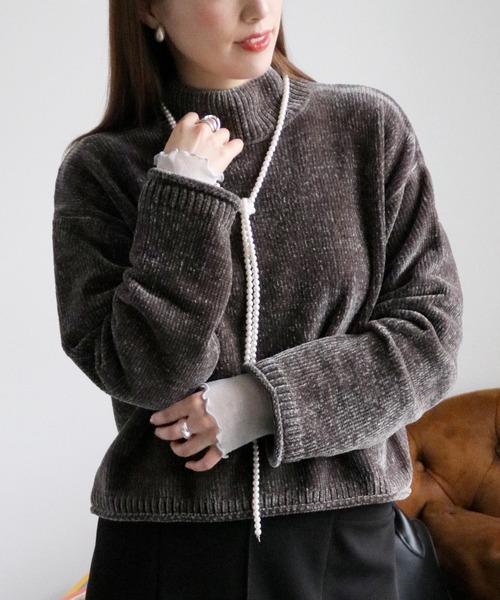 cepo（セポ）の「ベロアモールモックネックニットプルオーバー（ニット/セーター・レディース・チャコール/オフホワイト/イエロー/ミント/ネイビー・M）」の14枚目の写真