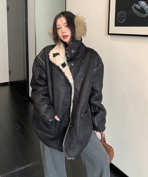 Dalfwin（ダールフィン）の「韓国ファッション リバーシブルプードルボアスエードジャケット（その他アウター・レディース・ダークブラウン/ブラック・FREE）」の2枚目の写真