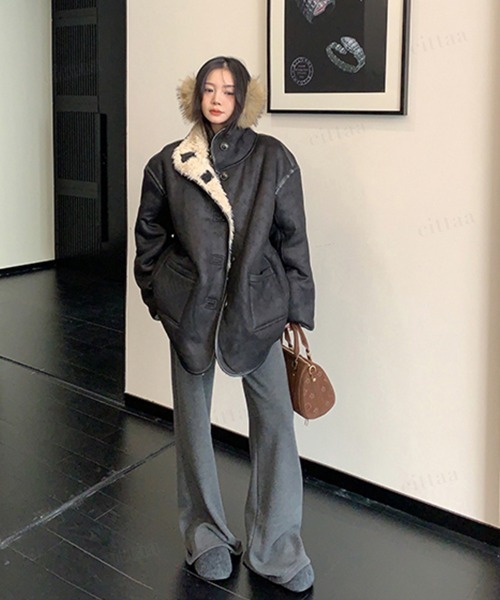 Dalfwin（ダールフィン）の「韓国ファッション リバーシブルプードルボアスエードジャケット（その他アウター・レディース・ダークブラウン/ブラック・FREE）」の6枚目の写真