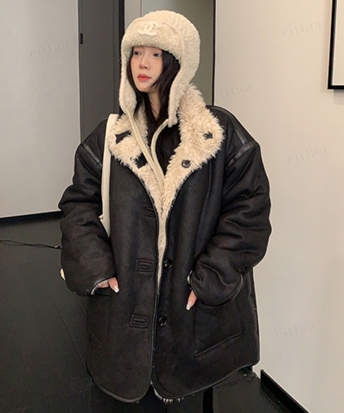 Dalfwin（ダールフィン）の「韓国ファッション リバーシブルプードルボアスエードジャケット（その他アウター・レディース・ダークブラウン/ブラック・FREE）」の4枚目の写真