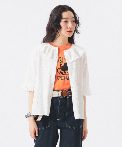 BEAMS BOY（ビームスボーイ）の「ジャカード フリルギャザー ショートスリーブ（Tシャツ/カットソー・レディース・ブラック/ブルー系その他/オフホワイト・1/2）」の2枚目の写真