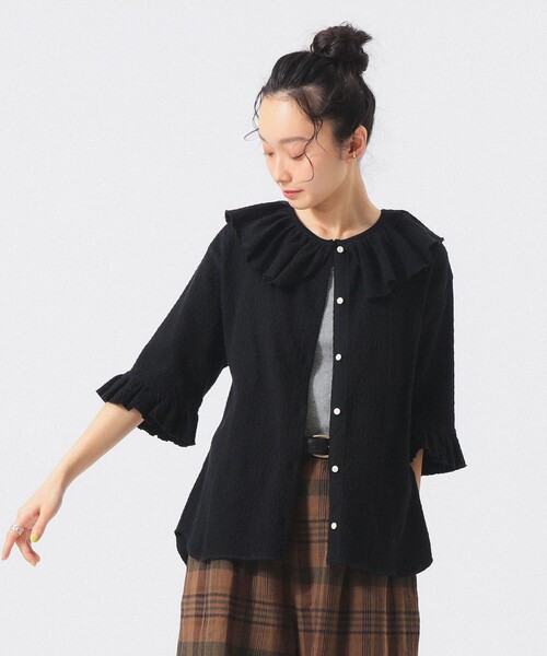 BEAMS BOY（ビームスボーイ）の「ジャカード フリルギャザー ショートスリーブ（Tシャツ/カットソー・レディース・ブラック/ブルー系その他/オフホワイト・1/2）」の3枚目の写真