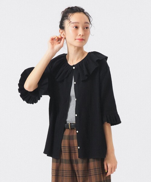 BEAMS BOY（ビームスボーイ）の「ジャカード フリルギャザー ショートスリーブ（Tシャツ/カットソー・レディース・ブラック/ブルー系その他/オフホワイト・1/2）」の6枚目の写真