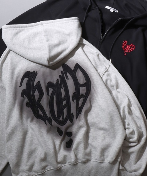 SITRY（シトリー）の「Heart Logo Grunge Style Sweat Hoodie/ハートロゴ グランジ ヴィンテージライク オーバーサイズ ショート丈 ダブルジップ 裏毛 フルジップパーカー フーディー パーカー スウェット レディース メンズ（パーカー・メンズ・ライトグレー/ブラック/ピンク・L/M）」の2枚目の写真