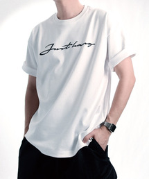 JUSTHANG（ジャストハング）の「プレミアムホワイトレタリングロゴオーバーサイズ半袖Tシャツ[スカッチ]（Tシャツ/カットソー）」
