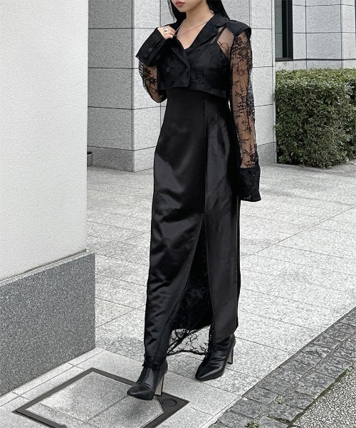 LVEU.（ラブユ.）の「【LVEU.】レースデザインジャケットアンサンブルワンピース / セットアップ ジャケット ワンピース キャミワンピ オケージョン レース モード ブラック（セットアップ・レディース・ブラック・FREE）」の2枚目の写真