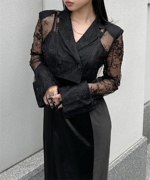 LVEU.（ラブユ.）の「【LVEU.】レースデザインジャケットアンサンブルワンピース / セットアップ ジャケット ワンピース キャミワンピ オケージョン レース モード ブラック（セットアップ・レディース・ブラック・FREE）」の5枚目の写真