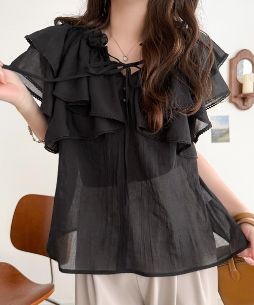 mily bilet(ミウィビレット)の「【mily bilet】マルチウェイで360度どこから見ても可愛い!ギャザーフリルリボンブラウス(半袖)(シャツ/ブラウス・レディース・ピンク/オフホワイト/ブラック・LARGE/MEDIUM/SMALL/X-LARGE)」の3枚目の写真