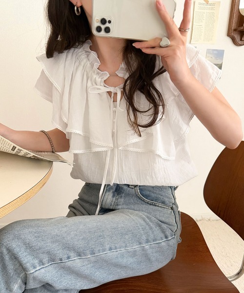 mily bilet(ミウィビレット)の「【mily bilet】マルチウェイで360度どこから見ても可愛い!ギャザーフリルリボンブラウス(半袖)(シャツ/ブラウス・レディース・ピンク/オフホワイト/ブラック・LARGE/MEDIUM/SMALL/X-LARGE)」の12枚目の写真