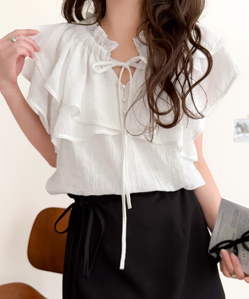 mily bilet(ミウィビレット)の「【mily bilet】マルチウェイで360度どこから見ても可愛い!ギャザーフリルリボンブラウス(半袖)(シャツ/ブラウス・レディース・ピンク/オフホワイト/ブラック・LARGE/MEDIUM/SMALL/X-LARGE)」の16枚目の写真