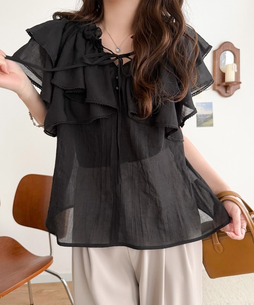 mily bilet(ミウィビレット)の「【mily bilet】マルチウェイで360度どこから見ても可愛い!ギャザーフリルリボンブラウス(半袖)(シャツ/ブラウス・レディース・ピンク/オフホワイト/ブラック・LARGE/MEDIUM/SMALL/X-LARGE)」の8枚目の写真