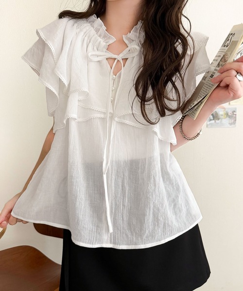 mily bilet(ミウィビレット)の「【mily bilet】マルチウェイで360度どこから見ても可愛い!ギャザーフリルリボンブラウス(半袖)(シャツ/ブラウス・レディース・ピンク/オフホワイト/ブラック・LARGE/MEDIUM/SMALL/X-LARGE)」の4枚目の写真