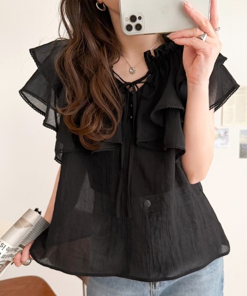mily bilet(ミウィビレット)の「【mily bilet】マルチウェイで360度どこから見ても可愛い!ギャザーフリルリボンブラウス(半袖)(シャツ/ブラウス・レディース・ピンク/オフホワイト/ブラック・LARGE/MEDIUM/SMALL/X-LARGE)」の5枚目の写真