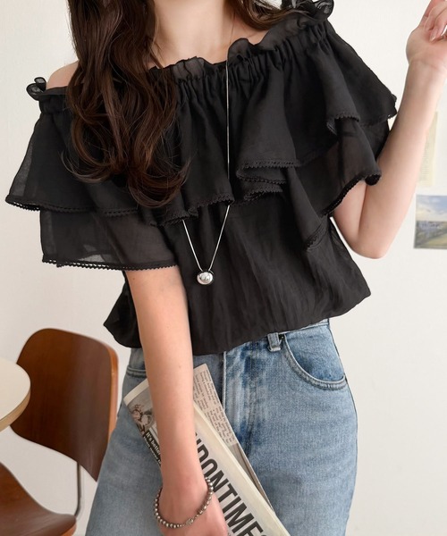 mily bilet(ミウィビレット)の「【mily bilet】マルチウェイで360度どこから見ても可愛い!ギャザーフリルリボンブラウス(半袖)(シャツ/ブラウス・レディース・ピンク/オフホワイト/ブラック・LARGE/MEDIUM/SMALL/X-LARGE)」の6枚目の写真