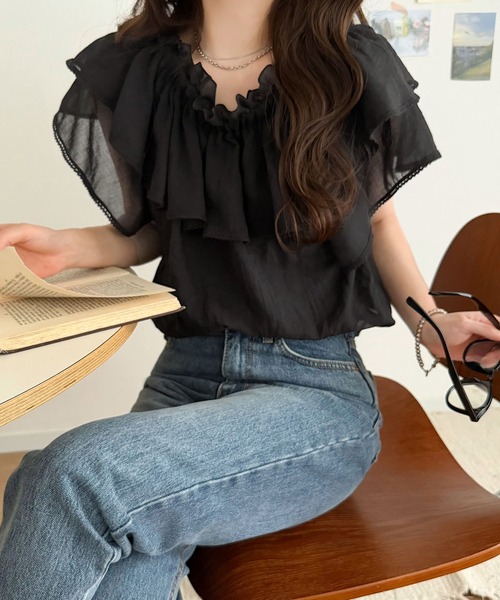 mily bilet(ミウィビレット)の「【mily bilet】マルチウェイで360度どこから見ても可愛い!ギャザーフリルリボンブラウス(半袖)(シャツ/ブラウス・レディース・ピンク/オフホワイト/ブラック・LARGE/MEDIUM/SMALL/X-LARGE)」の7枚目の写真