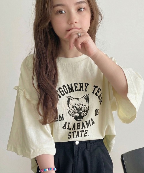 classicalelf(クラシカルエルフ)の「【キッズ】親子リンクコーデ可能◎綿100%カレッジピグメント袖フリルTシャツ(Tシャツ/カットソー・キッズ・ブルー/オフホワイト/ピンク/チャコール・100/120/140/160)」の1枚目の写真