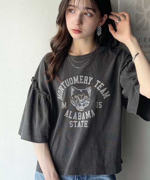 classicalelf(クラシカルエルフ)の「【キッズ】親子リンクコーデ可能◎綿100%カレッジピグメント袖フリルTシャツ(Tシャツ/カットソー・キッズ・ブルー/オフホワイト/ピンク/チャコール・100/120/140/160)」の7枚目の写真