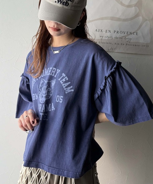 classicalelf(クラシカルエルフ)の「【キッズ】親子リンクコーデ可能◎綿100%カレッジピグメント袖フリルTシャツ(Tシャツ/カットソー・キッズ・ブルー/オフホワイト/ピンク/チャコール・100/120/140/160)」の10枚目の写真