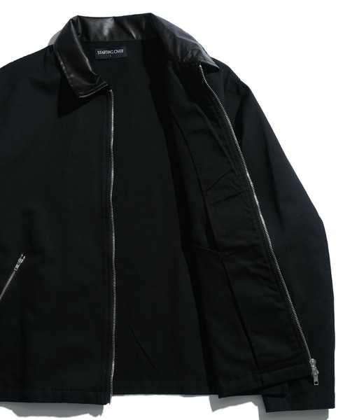 Starting Over(スターティングオーバー)の「double zip collar PUleather short length twill/denim blouson /ダブルジップ エリ PU レザー ショートレングス ツイル/デニムブルゾン 短丈/ハリントンジャケット(ブルゾン・メンズ・ブラック/ブラック系その他・M/L)」の3枚目の写真