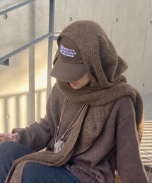ISOOK | フード付きマフラー(kiharu select) / フードマフラー ニットマフラー バラクラバ ネックウォーマー ダークブラウン グレー(マフラー)