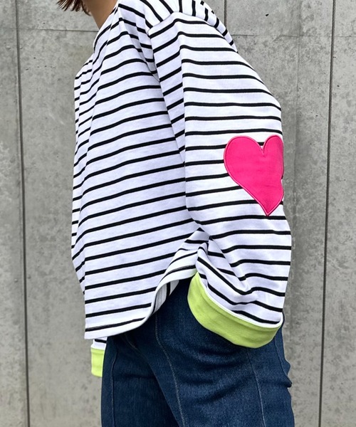配色2way ハートパッチ ボーダーロンT（Tシャツ/カットソー）｜mi via