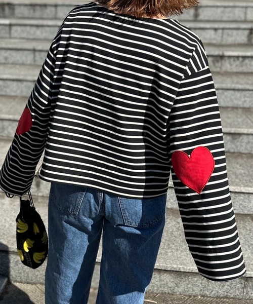 セール】配色2way ハートパッチ ボーダーロンT（Tシャツ/カットソー
