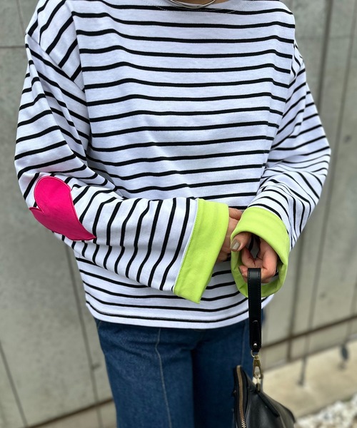 mi via loca(ミヴィアロカ)の「配色2way ハートパッチ ボーダーロンT(Tシャツ/カットソー・レディース・ホワイト/キナリ/ブラック・FREE)」の6枚目の写真