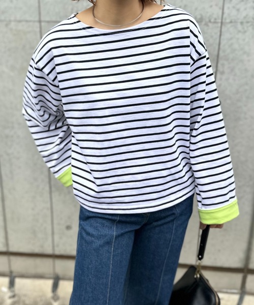 mi via loca(ミヴィアロカ)の「配色2way ハートパッチ ボーダーロンT(Tシャツ/カットソー・レディース・ホワイト/キナリ/ブラック・FREE)」の5枚目の写真