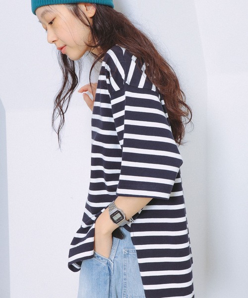 BEAMS BOY(ビームスボーイ)の「【8/6再値下げ】ボーダー ビッグ ショートスリーブ(Tシャツ/カットソー・レディース・オフホワイト/ホワイト系その他7/ネイビー・ONE SIZE)」の1枚目の写真