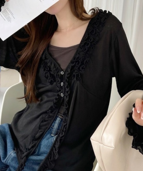 Ada.(エイダ)の「シアー ルーズ フリル カーディガン(Tシャツ/カットソー・レディース・グレー/カーキ/ブラック・FREE)」の3枚目の写真