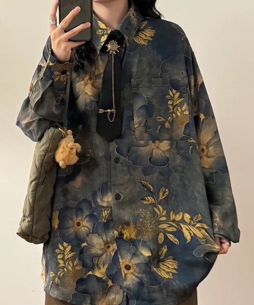 CANVAS+（キャンバスプラス）の「【CANVAS＋】花柄プリントシャツ（シャツ/ブラウス・レディース・ネイビー・M）」の4枚目の写真