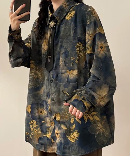 CANVAS+（キャンバスプラス）の「【CANVAS＋】花柄プリントシャツ（シャツ/ブラウス・レディース・ネイビー・M）」の6枚目の写真