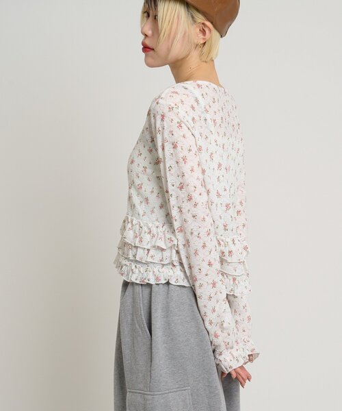 w closet（ダブルクローゼット）の「裾フリル花柄カーディガン（Tシャツ/カットソー・レディース・アイボリー/ピンク/オフホワイト・FREE）」の5枚目の写真