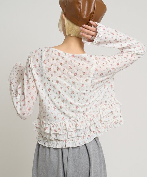 w closet（ダブルクローゼット）の「裾フリル花柄カーディガン（Tシャツ/カットソー・レディース・アイボリー/ピンク/オフホワイト・FREE）」の6枚目の写真