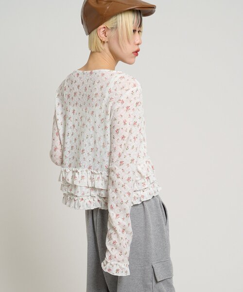 w closet（ダブルクローゼット）の「裾フリル花柄カーディガン（Tシャツ/カットソー・レディース・アイボリー/ピンク/オフホワイト・FREE）」の7枚目の写真