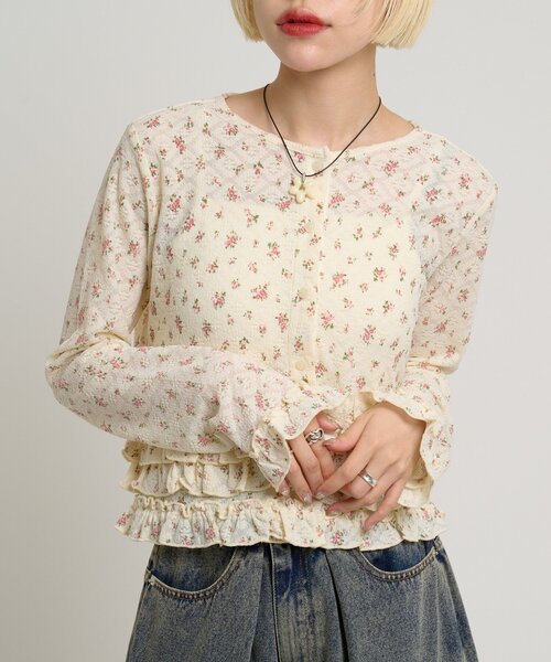 w closet（ダブルクローゼット）の「裾フリル花柄カーディガン（Tシャツ/カットソー・レディース・アイボリー/ピンク/オフホワイト・FREE）」の12枚目の写真