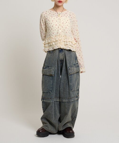 w closet(ダブルクローゼット)の「裾フリル花柄カーディガン(Tシャツ/カットソー・レディース・アイボリー/ピンク/オフホワイト・FREE)」の16枚目の写真