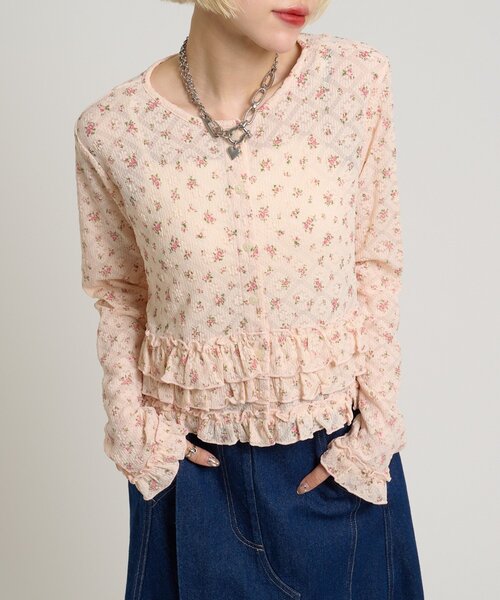 w closet(ダブルクローゼット)の「裾フリル花柄カーディガン(Tシャツ/カットソー・レディース・アイボリー/ピンク/オフホワイト・FREE)」の20枚目の写真