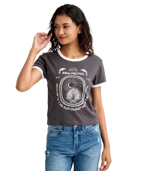 BILLABONG（ビラボン）の「BILLABONG/ビラボン 半袖 Tシャツ リンガーシャツ ショート丈 BG013217（Tシャツ/カットソー・レディース・ホワイト/スミクロ/アクア・M/L）」の2枚目の写真