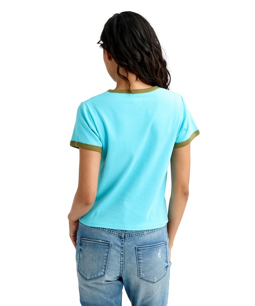 BILLABONG（ビラボン）の「BILLABONG/ビラボン 半袖 Tシャツ リンガーシャツ ショート丈 BG013217（Tシャツ/カットソー・レディース・ホワイト/スミクロ/アクア・M/L）」の10枚目の写真