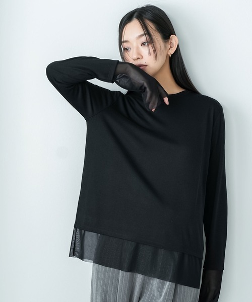 mili an deni(ミリアンデニ)の「異素材切替レイヤード風トップス(Tシャツ/カットソー・レディース・ブラック/ホワイト・M)」の2枚目の写真