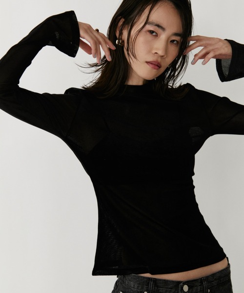VION(ヴィオン)の「シアーメッシュロングスリーブティー / Sheer Mesh Long Sleeve TEE(Tシャツ/カットソー・レディース・ブラック/グレー・FREE)」の1枚目の写真