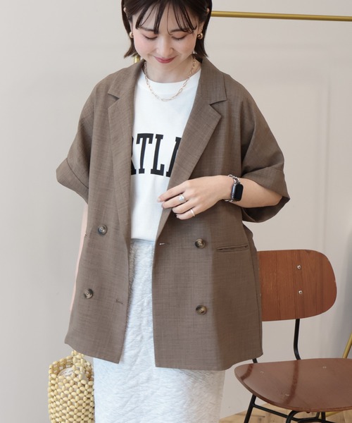 AMERICAN HOLIC（アメリカンホリック）の「【接触冷感・イージーケア】リネンライク半袖ジャケット（テーラードジャケット・レディース・ブラック/ブラウン/グレイッシュベージュ・L/M）」の4枚目の写真