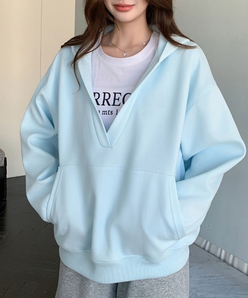 ONEP STAR(ワンピスター)の「フード付きVネックスウェット(パーカー・レディース・ライトイエロー/ローズ/グレー/アッシュグレー/ライトブルー/ライトピンク/ブラック・FREE)」の5枚目の写真