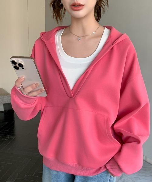 ONEP STAR(ワンピスター)の「フード付きVネックスウェット(パーカー・レディース・ライトイエロー/ローズ/グレー/アッシュグレー/ライトブルー/ライトピンク/ブラック・FREE)」の10枚目の写真